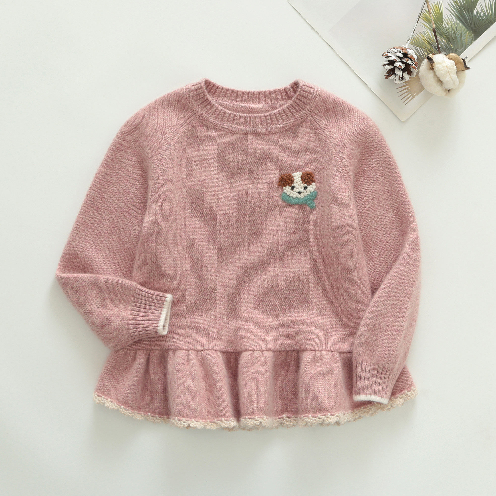 洪叶云台100%纯羊绒女童毛衣裙秋冬羊绒杉儿童圆领羊毛衫连肩袖