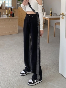 胖mm宽松显瘦设计感加绒加厚阔腿裤 黑色直筒牛仔裤 女高腰秋冬大码