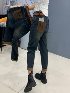 高腰显瘦老爹裤 哈伦牛仔裤 胖mm设计感弹力直筒裤 大码 子 女春秋新款