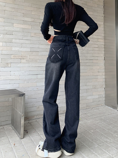 垂感拖地阔腿裤 胖mm高腰显瘦直筒裤 女秋冬大码 黑色加绒加厚牛仔裤