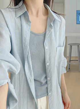 棉麻长袖防晒衬衫女外套春秋薄款大码胖mm显瘦宽松polo领休闲衬衣