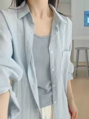 棉麻长袖防晒衬衫女外套春秋薄款大码胖mm显瘦宽松polo领休闲衬衣