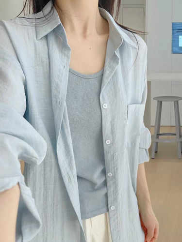 棉麻衬衫防晒大码polo领休闲宽松