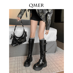 秋美儿Qmer 厚底骑士靴女弹力显瘦秋冬高筒粗腿长靴大筒围小个子