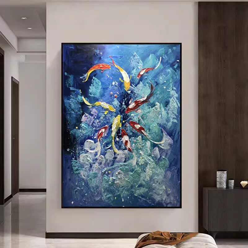 纯手绘抽象年年有余油画客餐厅玄关沙发背景墙九鱼图肌理装饰挂画