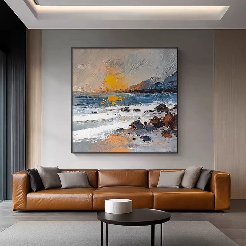 抽象海景纯手绘油画方形客餐厅沙发玄关装饰画酒店床头高级感挂画