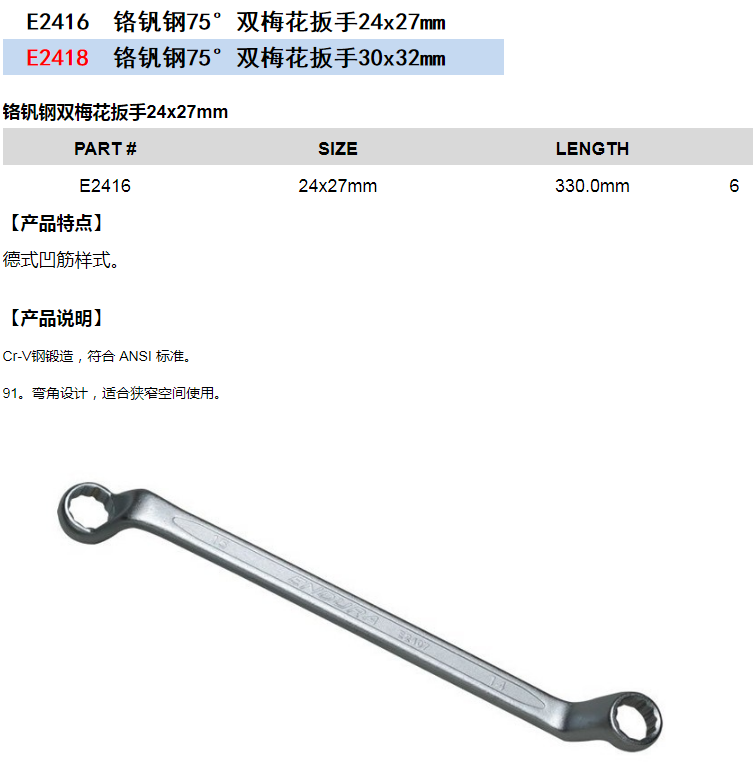 力易得-专业工具铬钒钢双梅花扳手24x27mm E2416 30x32mm E2418