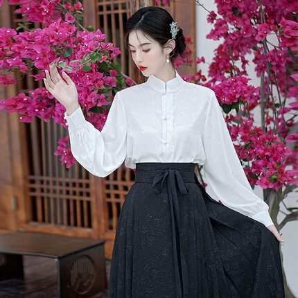 改良汉服女汉元素国风日常立领衬衫提花马面裙长裙仙气两件套装