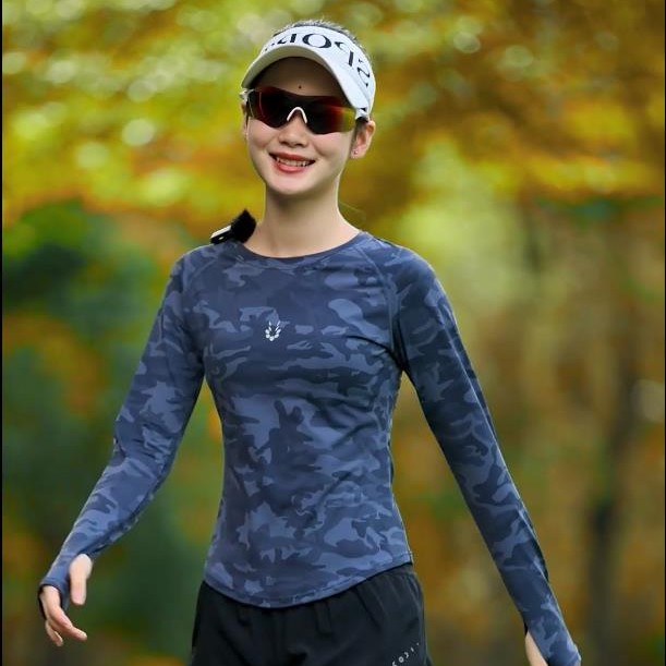 【视频迷彩长袖】新款春夏防晒弹力透气速干假两件显瘦跑步长袖