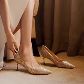 禾秀婚纱两穿新娘鞋 女2025新款 订婚鞋 主婚鞋 亮片金色高跟鞋 配裙子