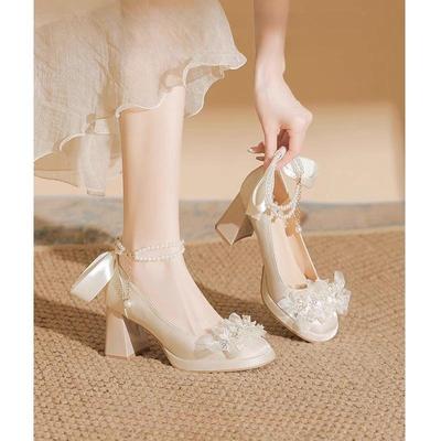 防水台厚底婚纱婚鞋粗跟新娘不累脚浅色仙女风玛丽珍高跟鞋成人礼