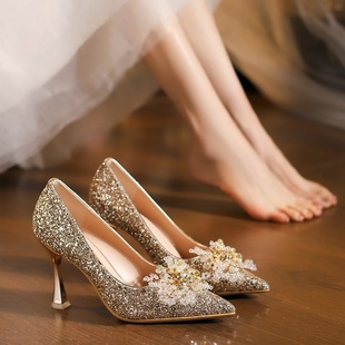 法式亮片绝美水晶鞋女酒杯跟不累脚新娘婚鞋主婚纱秀禾两穿新娘鞋