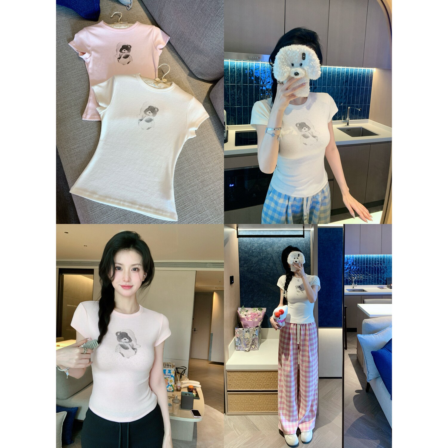 小象【熊熊物语】甜酷辣妹小飞袖短袖t恤女夏正肩设计感修身上衣