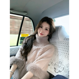 小象【京洛佳人】高领麻花蝙蝠袖上衣女毛帽袖可拆卸羊毛针织斗篷