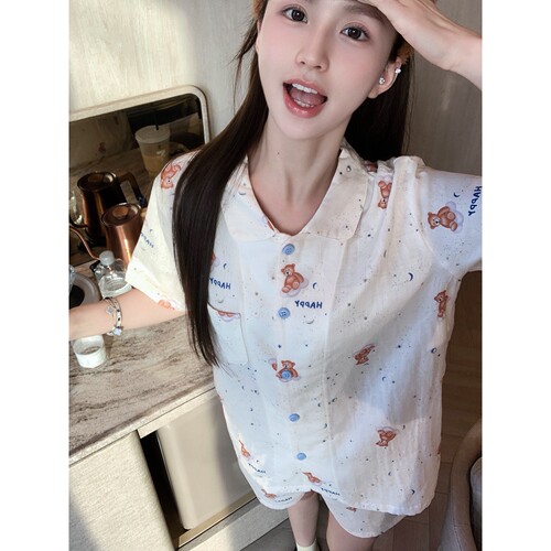 全棉双层婴儿棉纱翻领睡衣套装