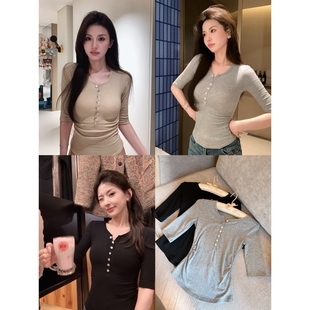 掐腰打底衫 中袖 好身材 上衣T恤 女内搭显瘦长袖 修身 亨利衫 小象
