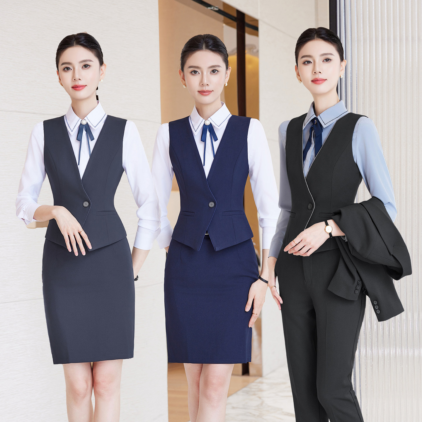 秋季长袖工作衬衫马甲西装套装女美容院服务员蓝色珠宝酒店前台