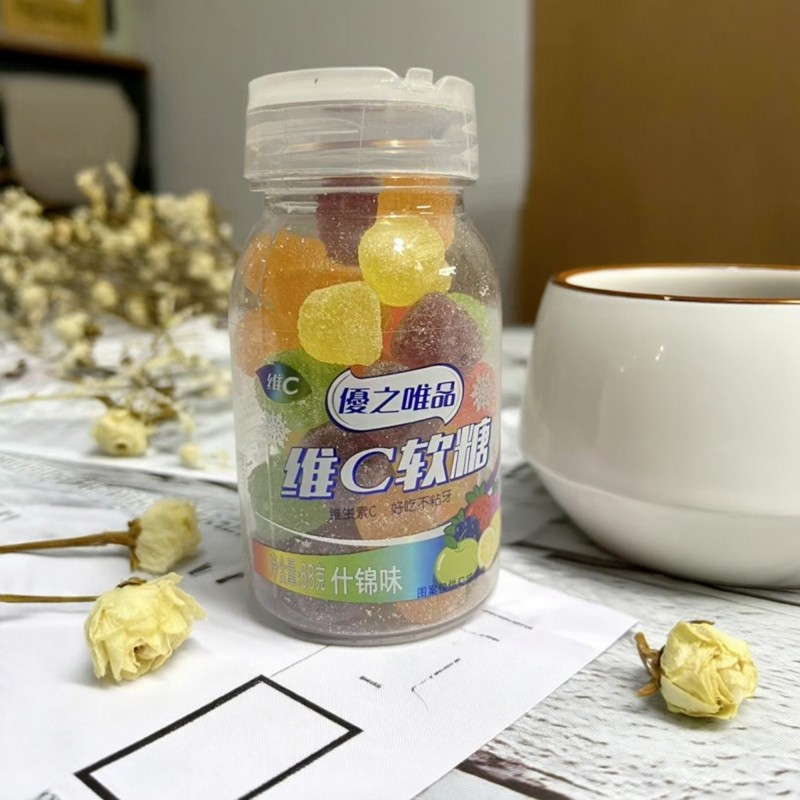 顺丰包邮优之唯品维C软糖什锦味瓶装水果味糖果好吃不粘牙68g零食