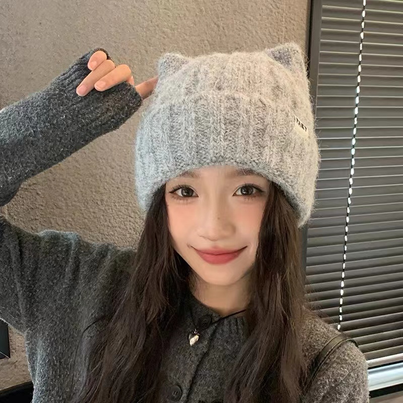 日系甜美可爱猫耳朵包头毛线帽子