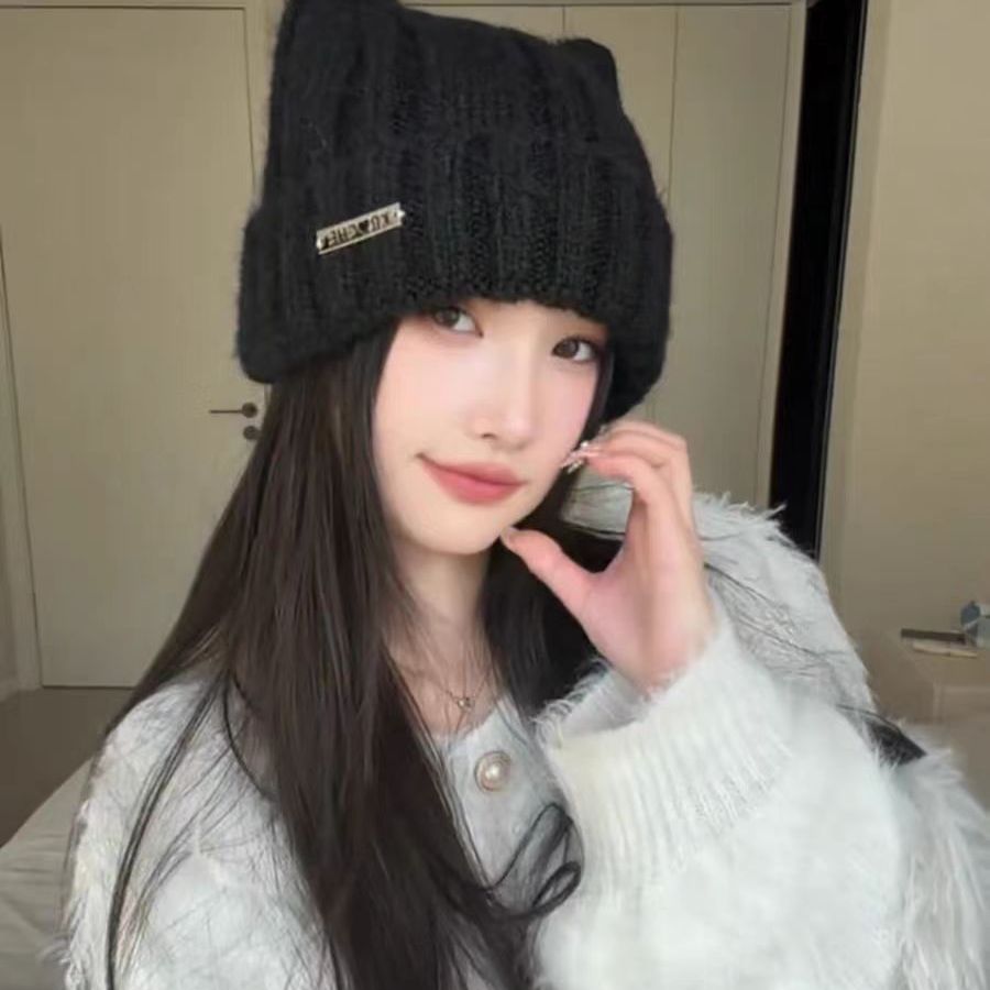 猫耳朵针织帽子女秋冬季保暖加厚