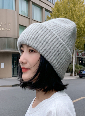 显脸小冷帽女秋冬韩版帽子毛线帽潮保暖护耳套头帽纯色百搭1017e