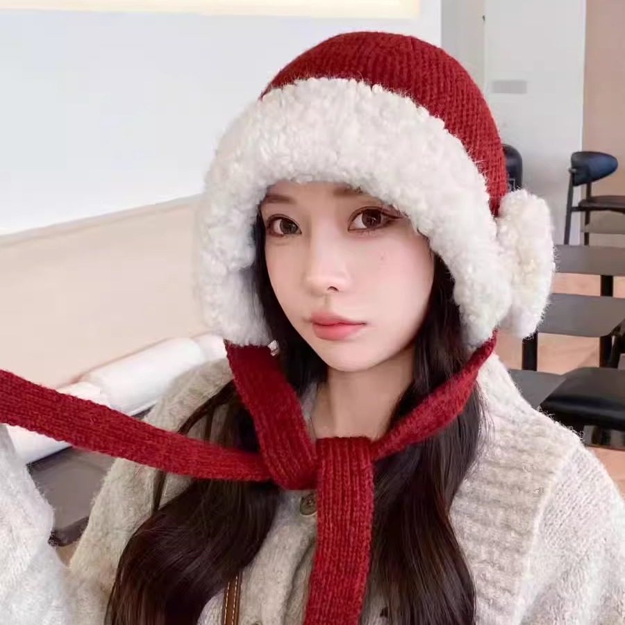 秋冬季毛绒加厚红色护耳毛线帽女