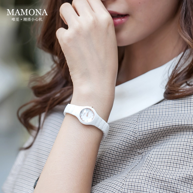 米纳手表女正品时尚小表盘陶瓷表迷你白色气质简约学生防水女表