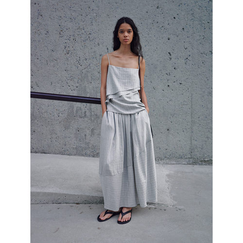 Hello September 新品开售亚麻条纹松紧腰花苞半裙M8935