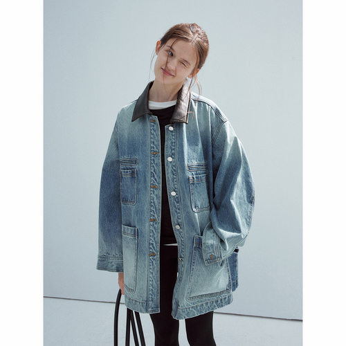 Hello September 休闲撞色翻领巴恩多口袋牛仔大版夹克外套H8439