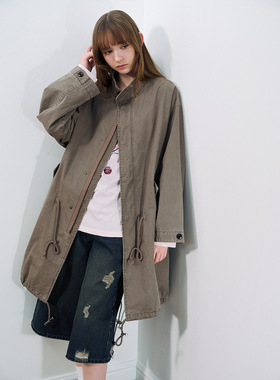 现货Hello September 水洗做旧立领抽绳全棉中长款风衣外套H60114