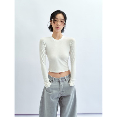 Hello September 纯色休闲天丝圆领短款修身长袖T恤上衣女V60250