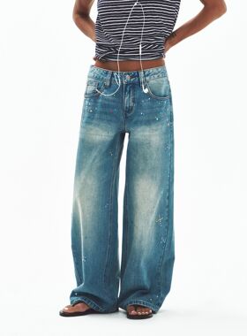 Hello September 复古水洗不规则彩色烫钻设计纯棉牛仔裤女V60537