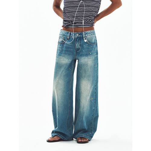 Hello September 复古水洗不规则彩色烫钻设计纯棉牛仔裤女V60537