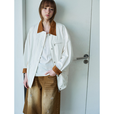 现货Hello September 撞色翻领基础百搭亚麻工装夹克外套女H60144