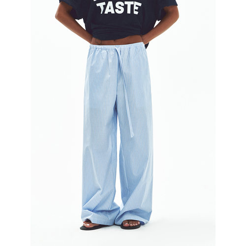 Hello September 清爽易穿条纹弹力松紧腰直筒休闲裤女V60545