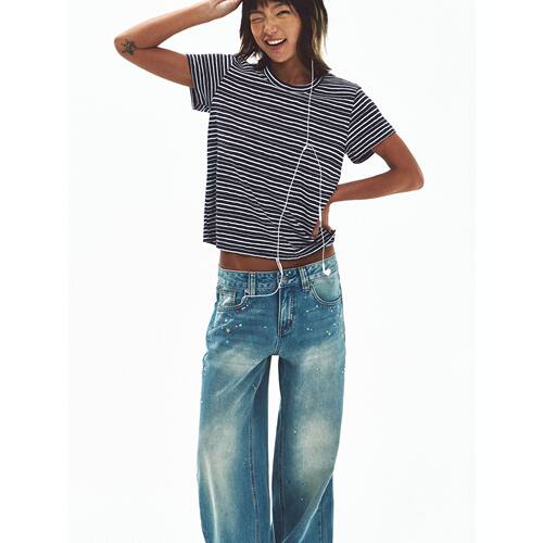 Hello September 休闲百搭短袖圆领修身条纹撞色T恤上衣女V60642