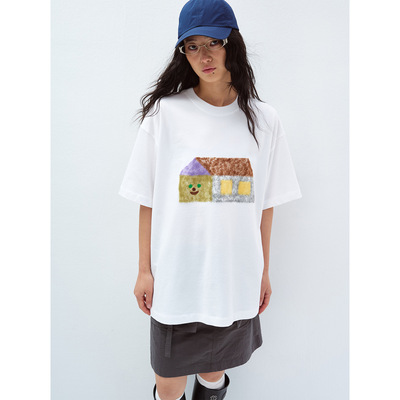 Hello September 毛毡绣小房子休闲宽松圆领短袖T恤上衣女V60190