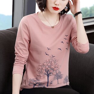 春秋衣外穿中年妈妈上衣服宽松胖mm打底衫 女装 t恤加大码 纯棉长袖