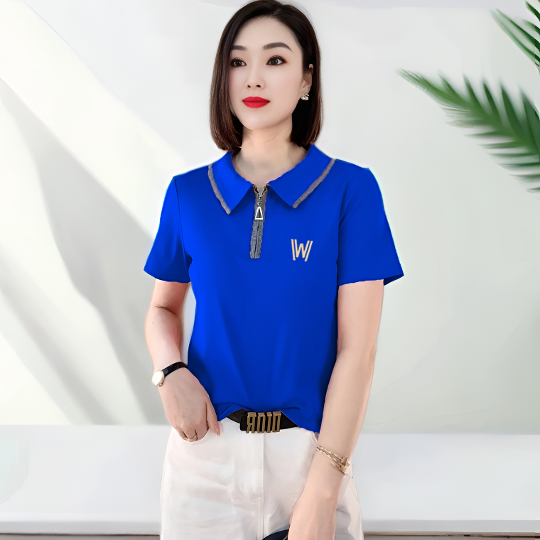 夏季新款时尚拉链立领短袖t恤女士纯棉大码显瘦宽松百搭休闲上衣