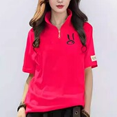 新款 半袖 t恤女半拉链翻领衫 夏季 宽松大码 纯棉上衣运动休闲潮流ins