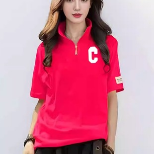 立领半拉链时尚 韩版 字母印花宽松通勤上衣 t恤女夏季 纯棉甜美半袖
