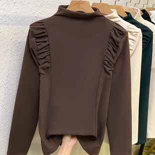 洋气独特别致上衣内搭加厚磨毛T恤 秋冬季 德绒半高领打底衫 女长袖