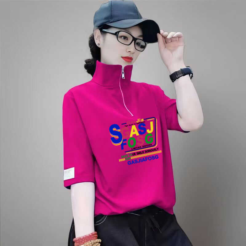 欧洲站2025夏季半拉链立领短袖T