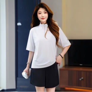 韩版立领半拉链五分袖T恤女夏季新款大码纯棉宽松显瘦百搭女上衣