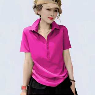 立领宽松显瘦时尚 女装 体恤衫 新款 时尚 夏季 t恤大码 紫色polo衫 短袖