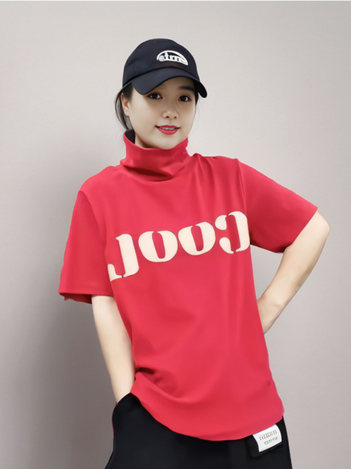 纯棉夏季新款韩版字母印花五分袖T恤高领时休闲宽松套头女打底衫