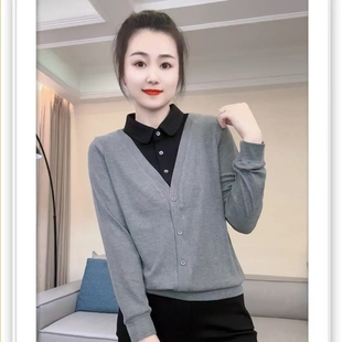 秋季 领拼接假两件宽松打底衫 2024新款 衬衫 T恤百搭女上衣 时尚 长袖