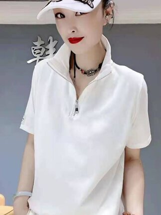 夏季新款立领纯棉拉链款宽松显瘦百搭短袖T恤女网红同款女上衣潮