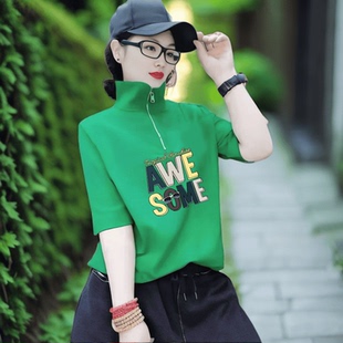 纯棉女士半拉链时尚洋气女半袖上衣夏季宽松潮流立领印花短袖t恤