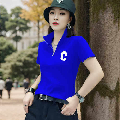 纯棉t恤女新款夏季立领半拉链休闲百搭气质印花宽松女士短袖上衣